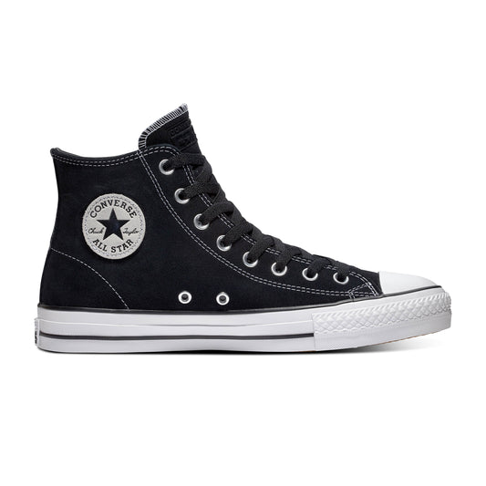 side view of black/white suede hi top chuck taylor skateboard sneaker