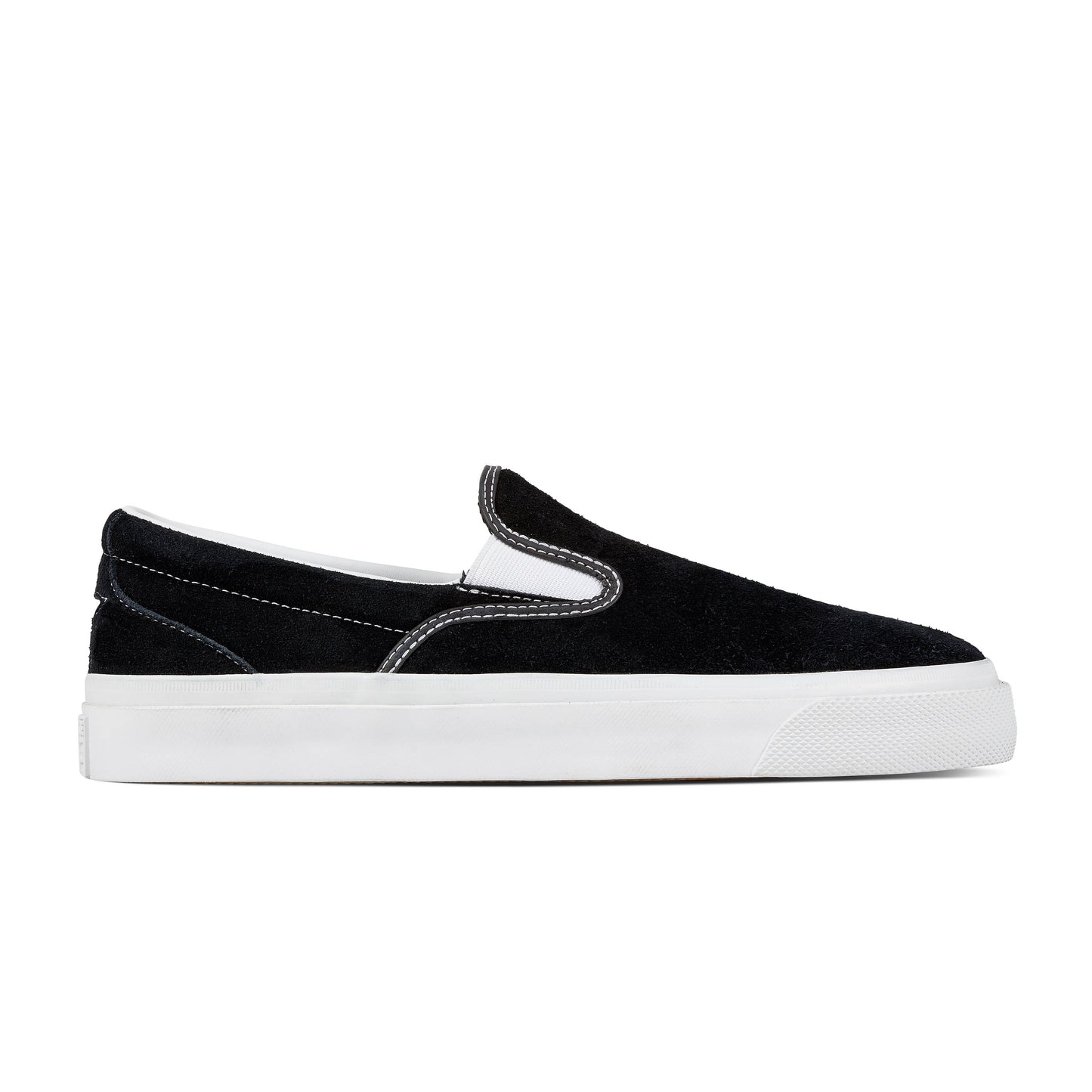 Side view of black suede upper slip on skateboard shoe