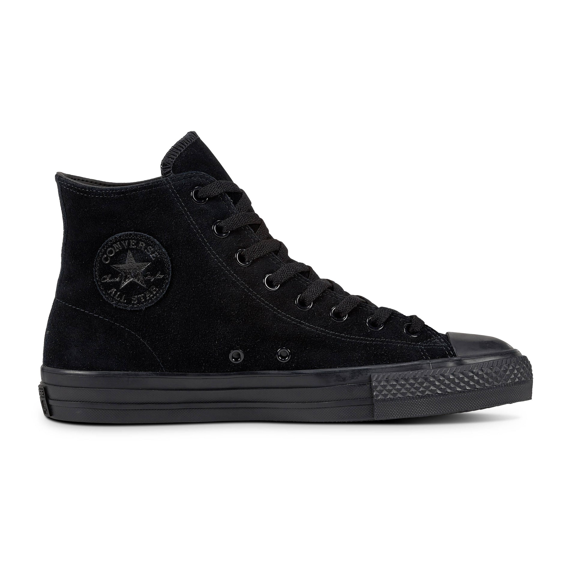 Side view of monotone suede hi top chuck taylor skateboard shoe