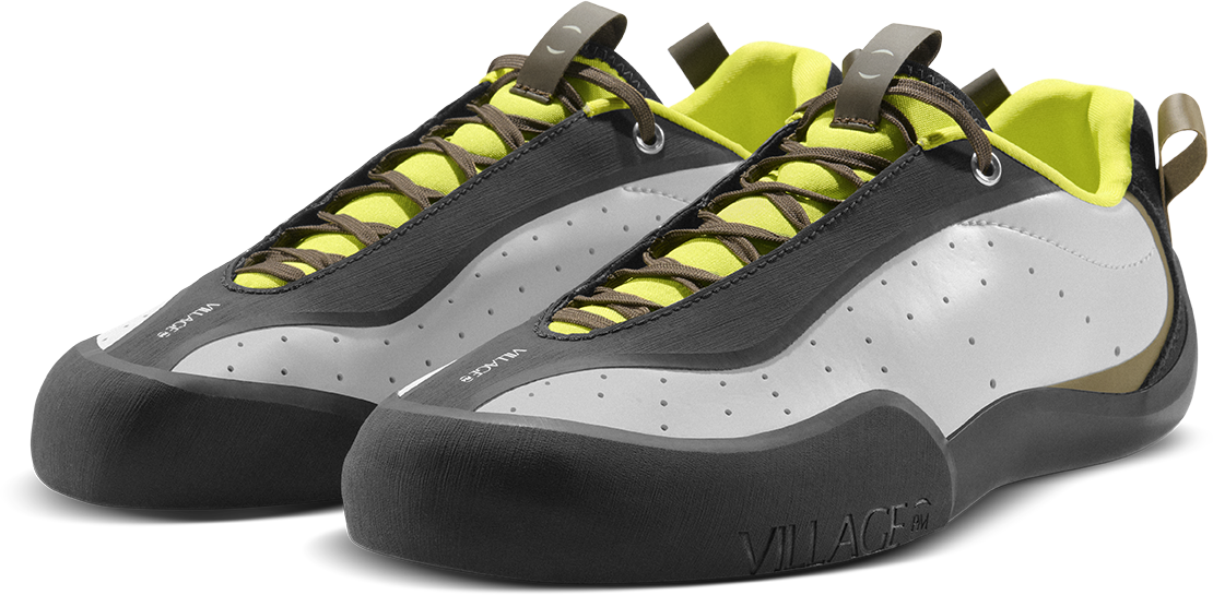 side by side view of leather and rubber climbing style skateboard shoe