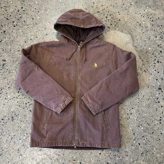 brown hooded zip up jacket with yellow stitch