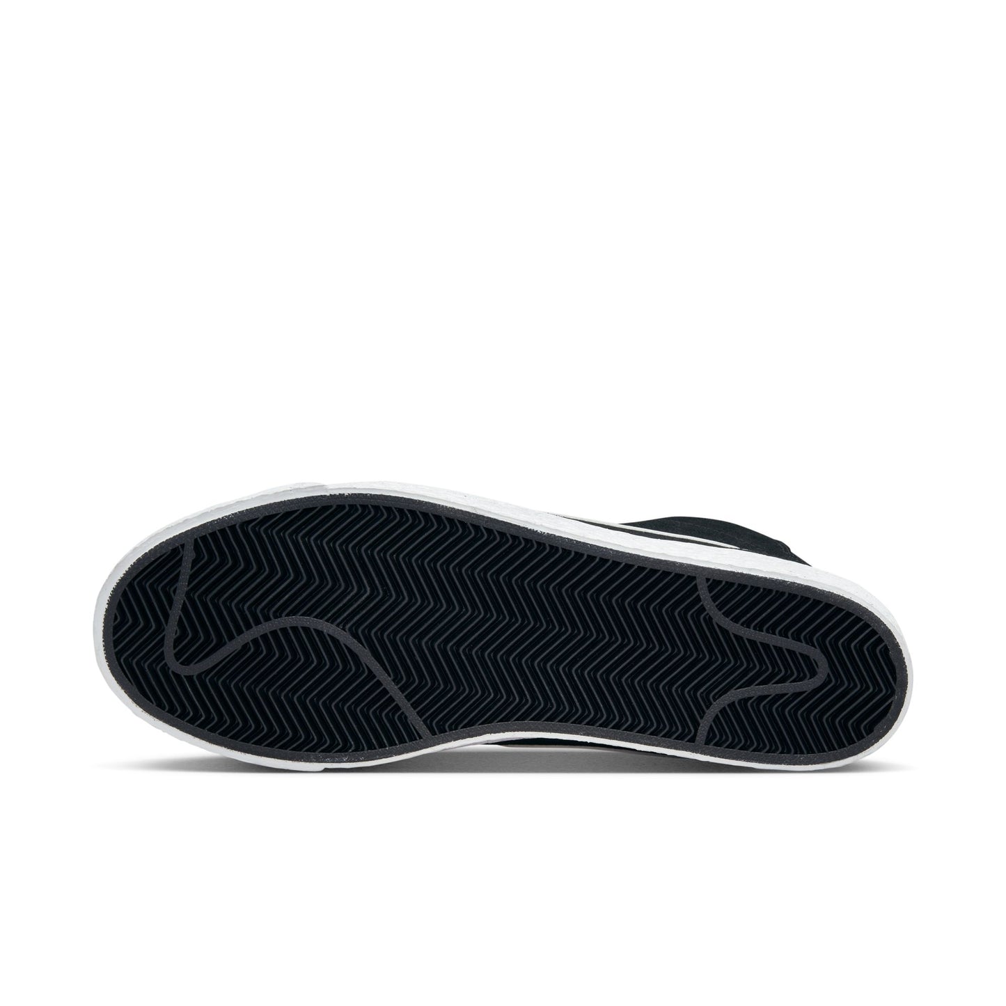 view of black outsole on mid top skateboard shoe