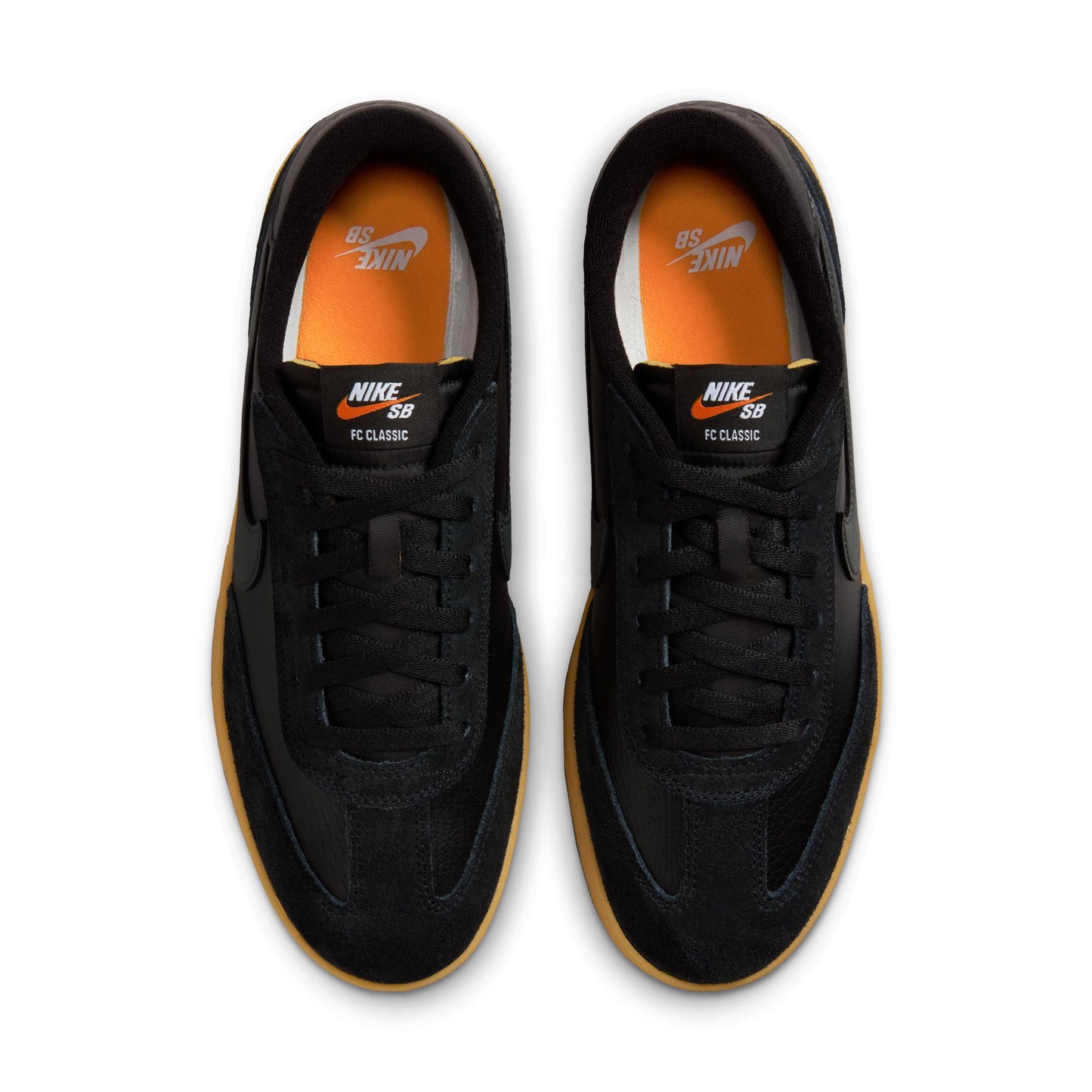 top down view of black suede and leather lowtop skateboard sneaker