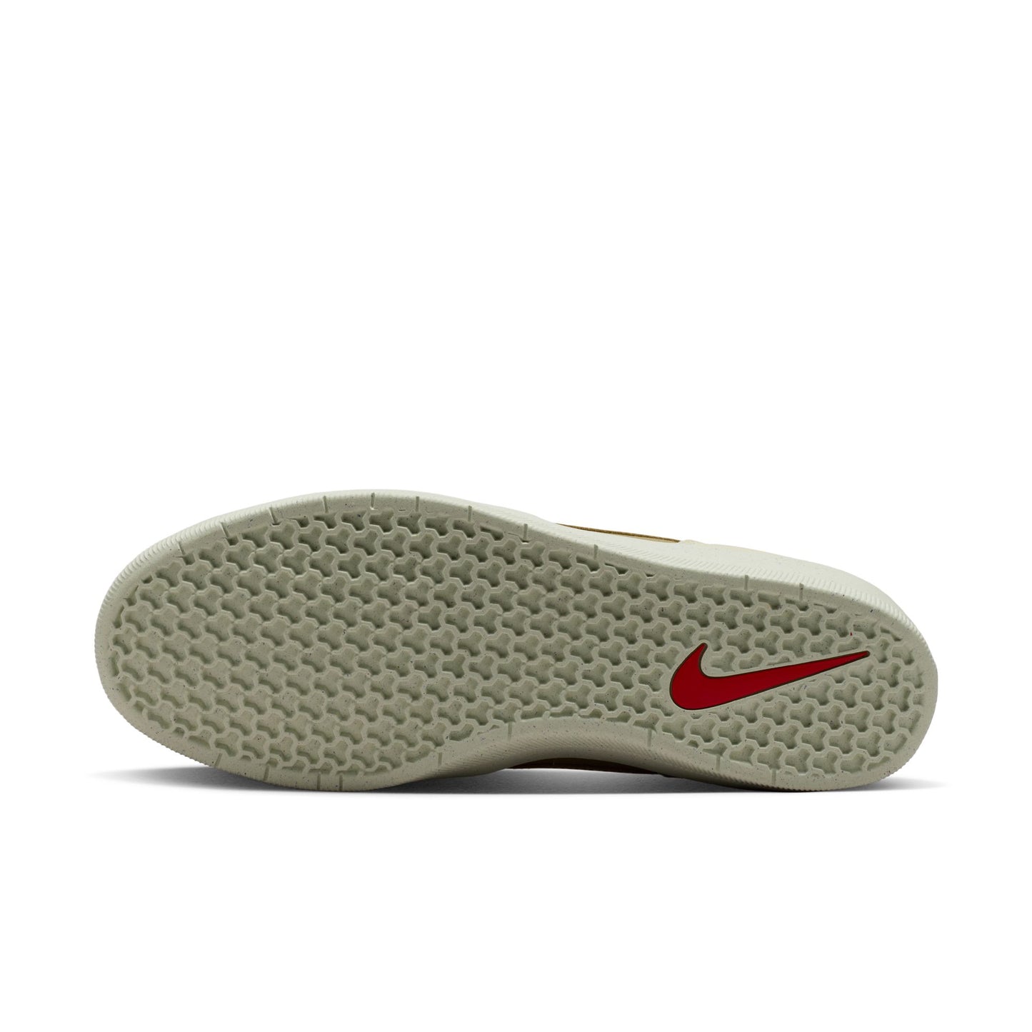 Sole of a shoe with a red Nike logo on a white background