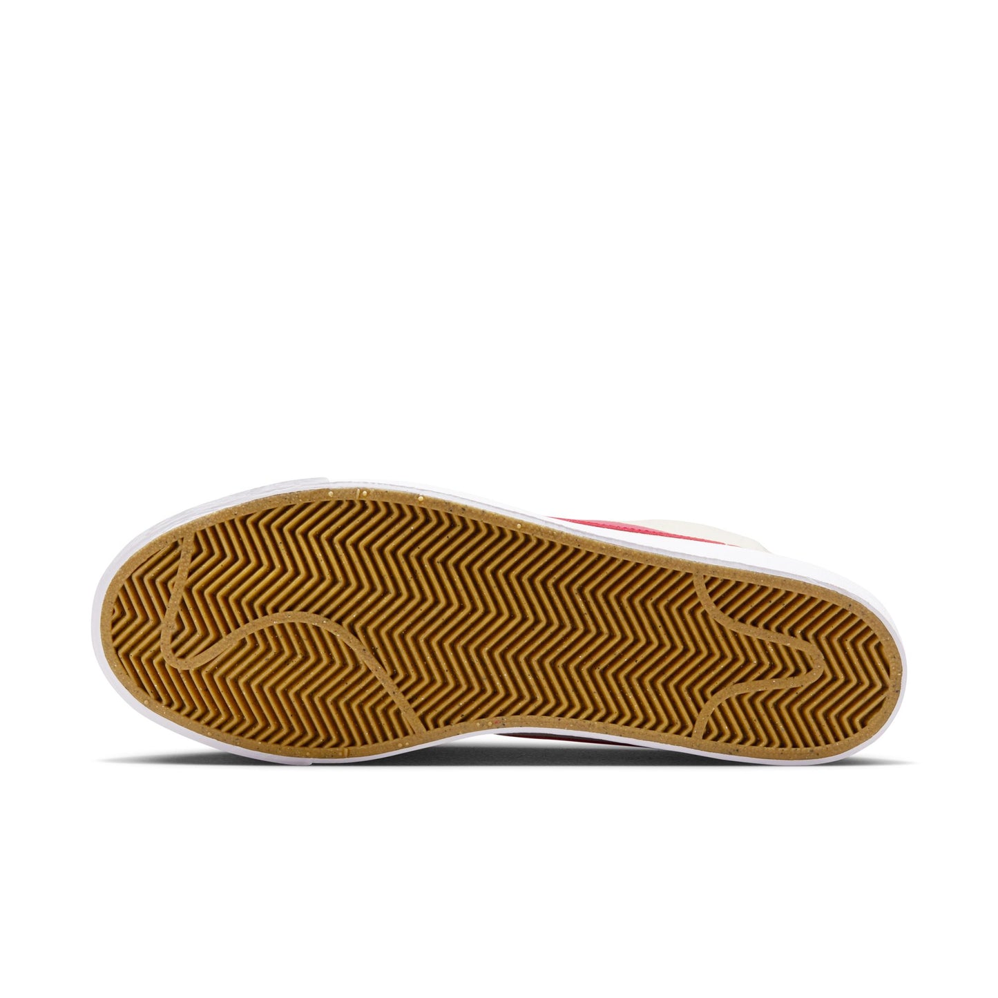 Close-up of a shoe sole with brown tread pattern on a white background