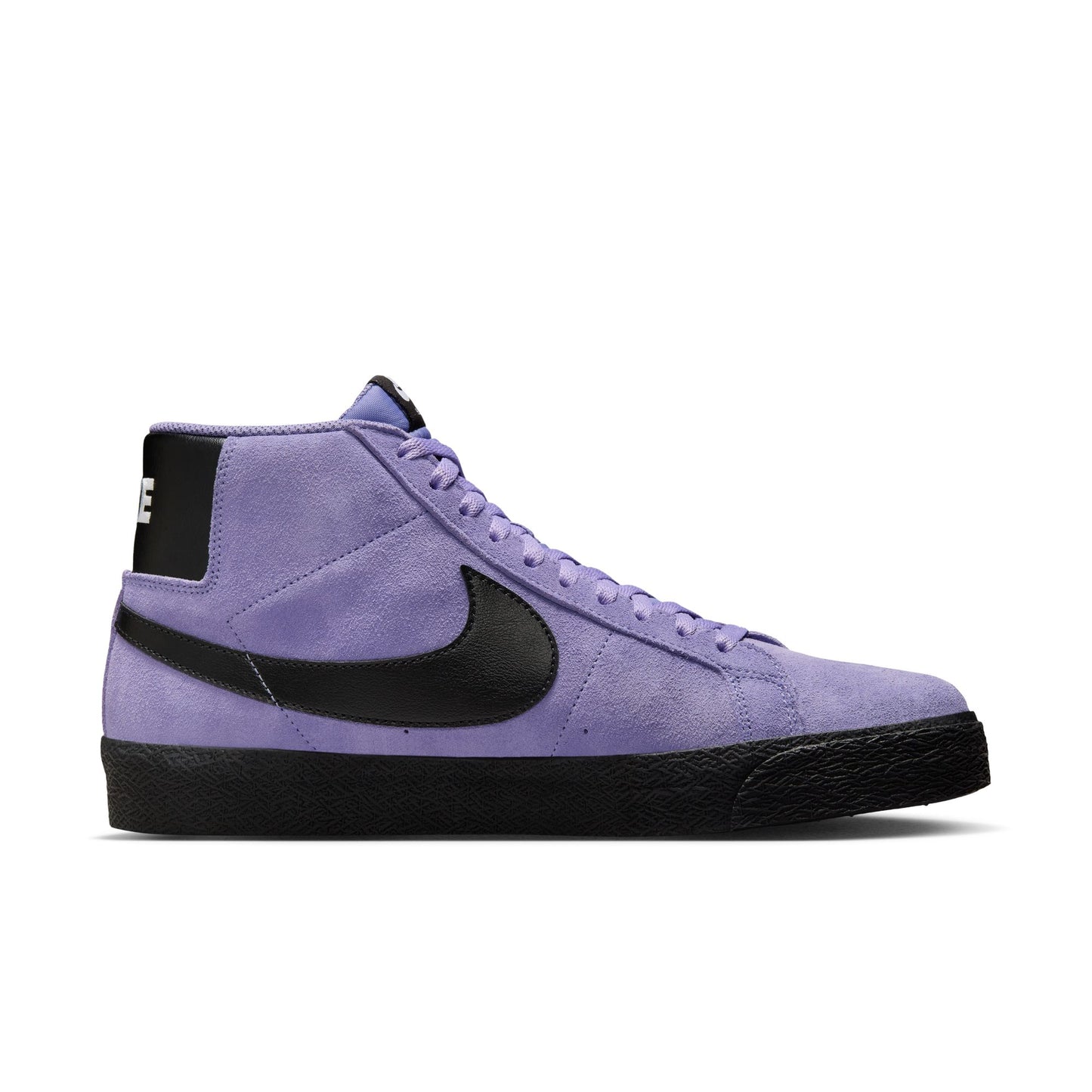 Side view of light purple mid top suede skateboard sneaker with black sole