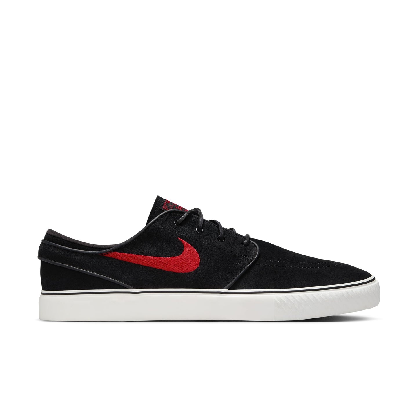 Black sneaker with a red swoosh logo on a white background