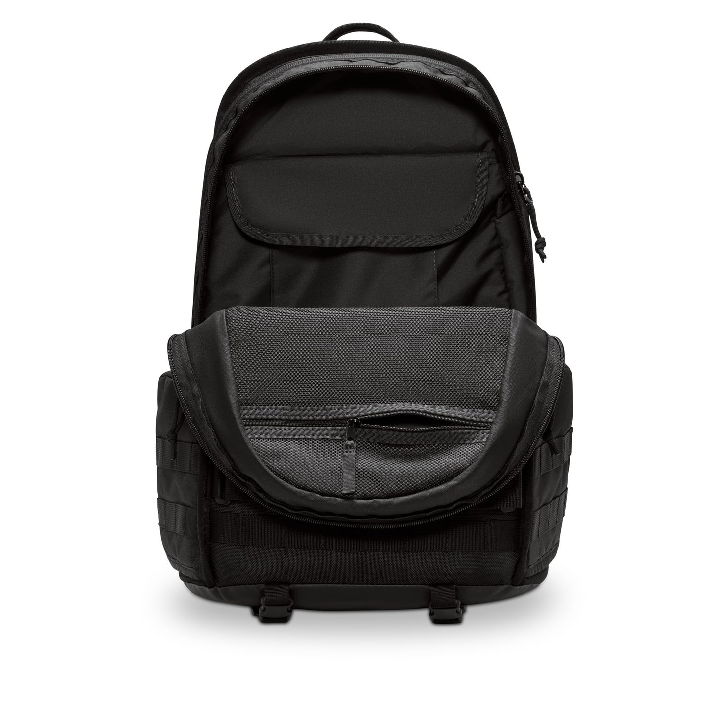 Black backpack on a white background