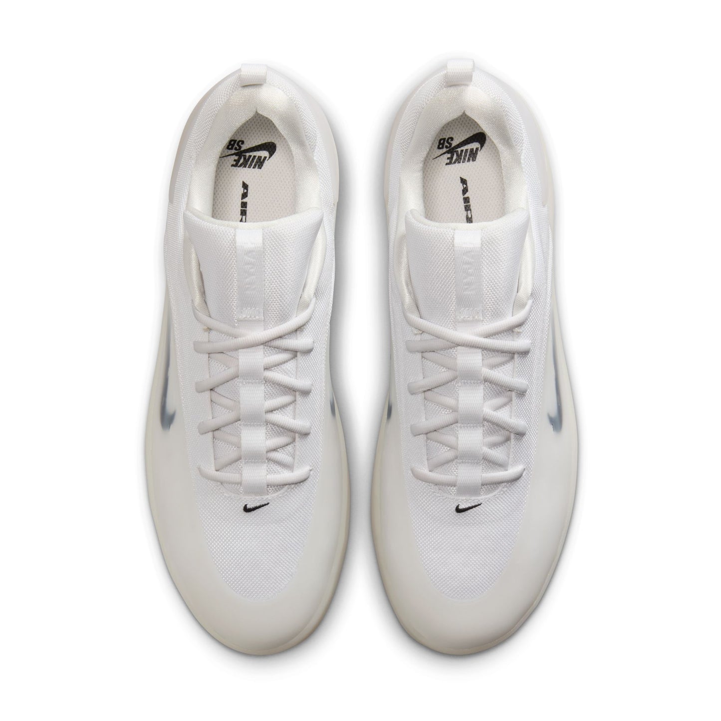 Pair of white sneakers with Nike logo on a white background