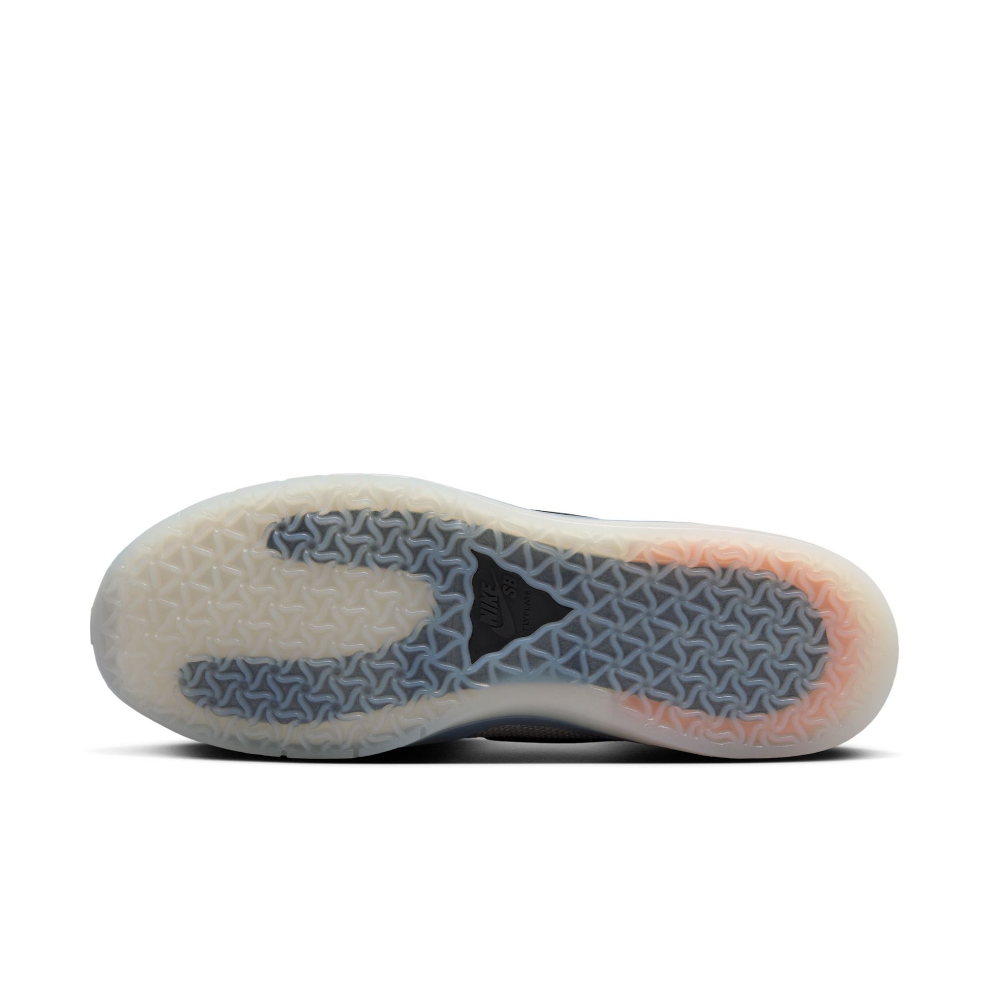 view of translucent outsole on leather and mesh lowtop running inspired skateboard shoe