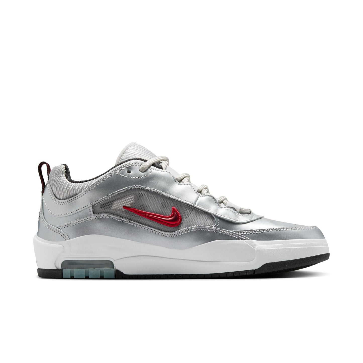 side view of silver leather ishod wait max with red swoosh, and white/black sole