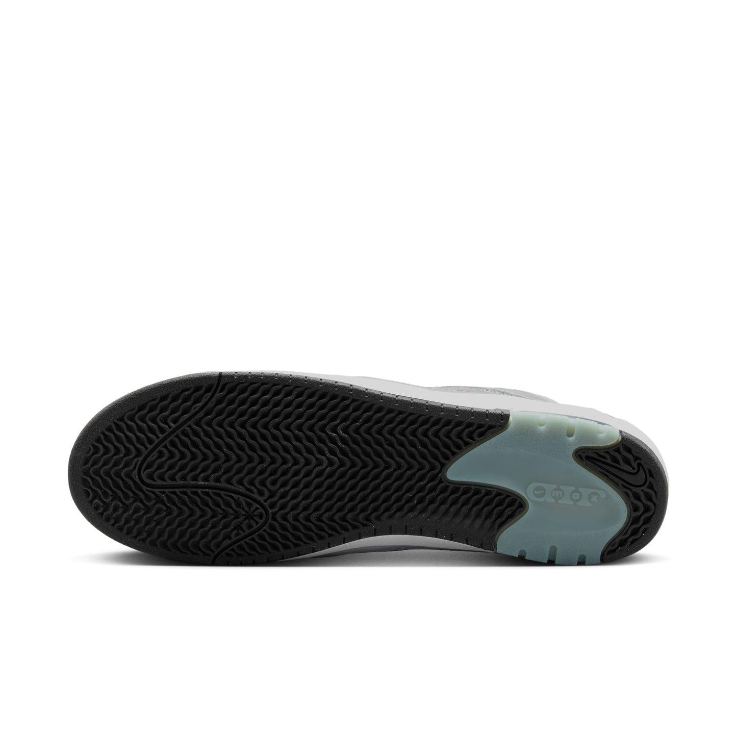 view of black outsole with light blue gum rubber inlay on heel
