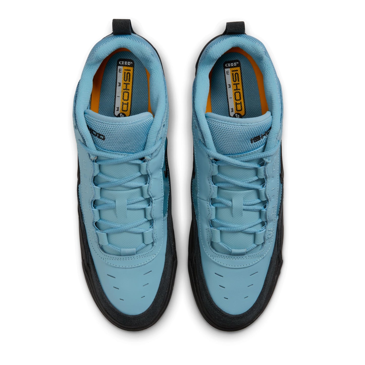 top down view of blue and black suede ishod max skateboard shoe with black sole