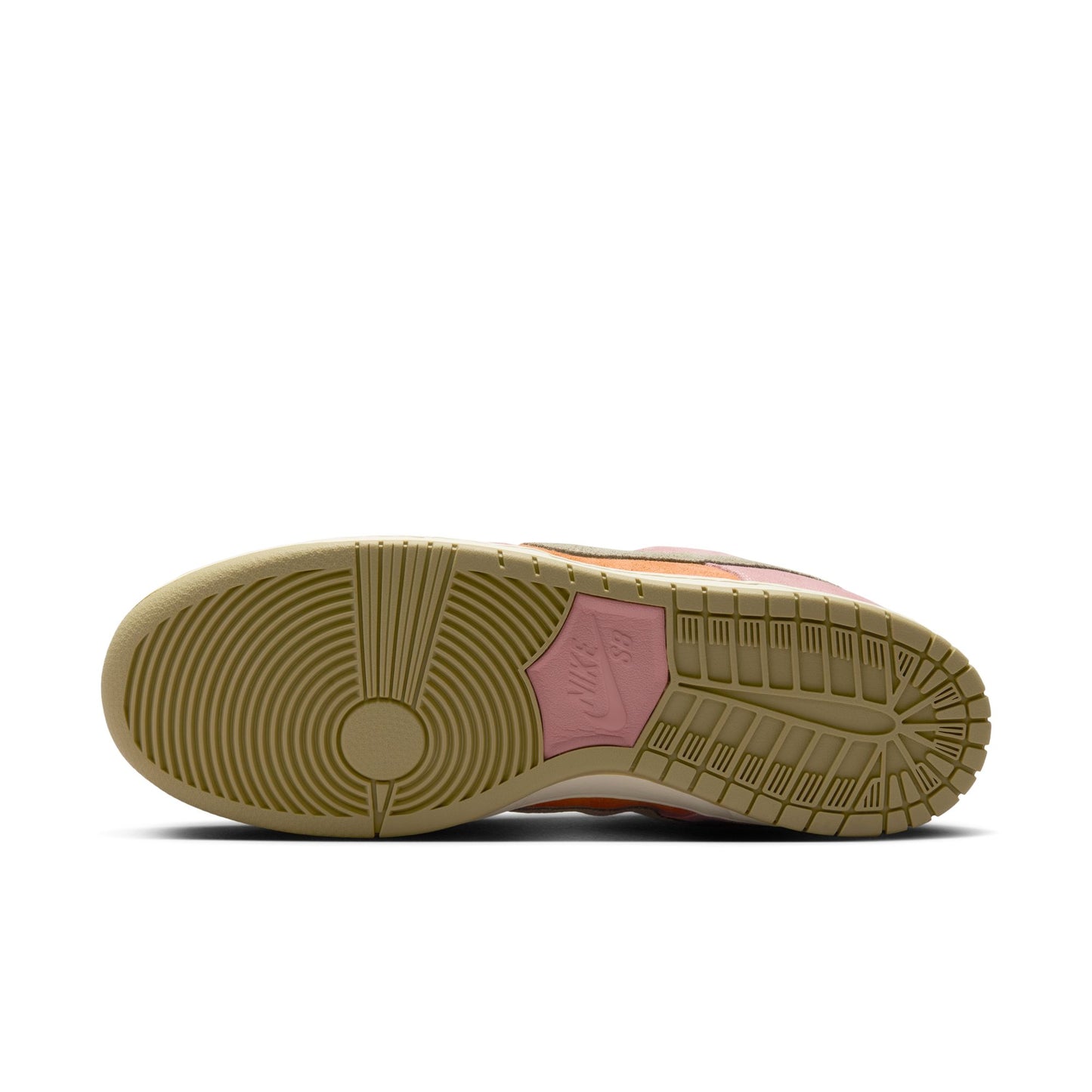 view of outsole on multi color suede sneaker