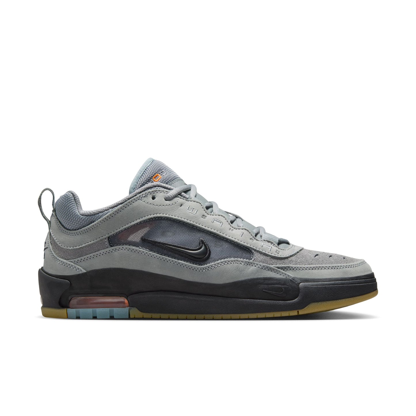 Gray sneaker with black accents on a white background