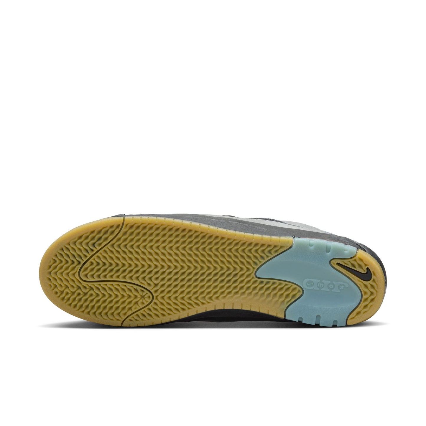 Close-up of a shoe sole with a brand logo on a white background