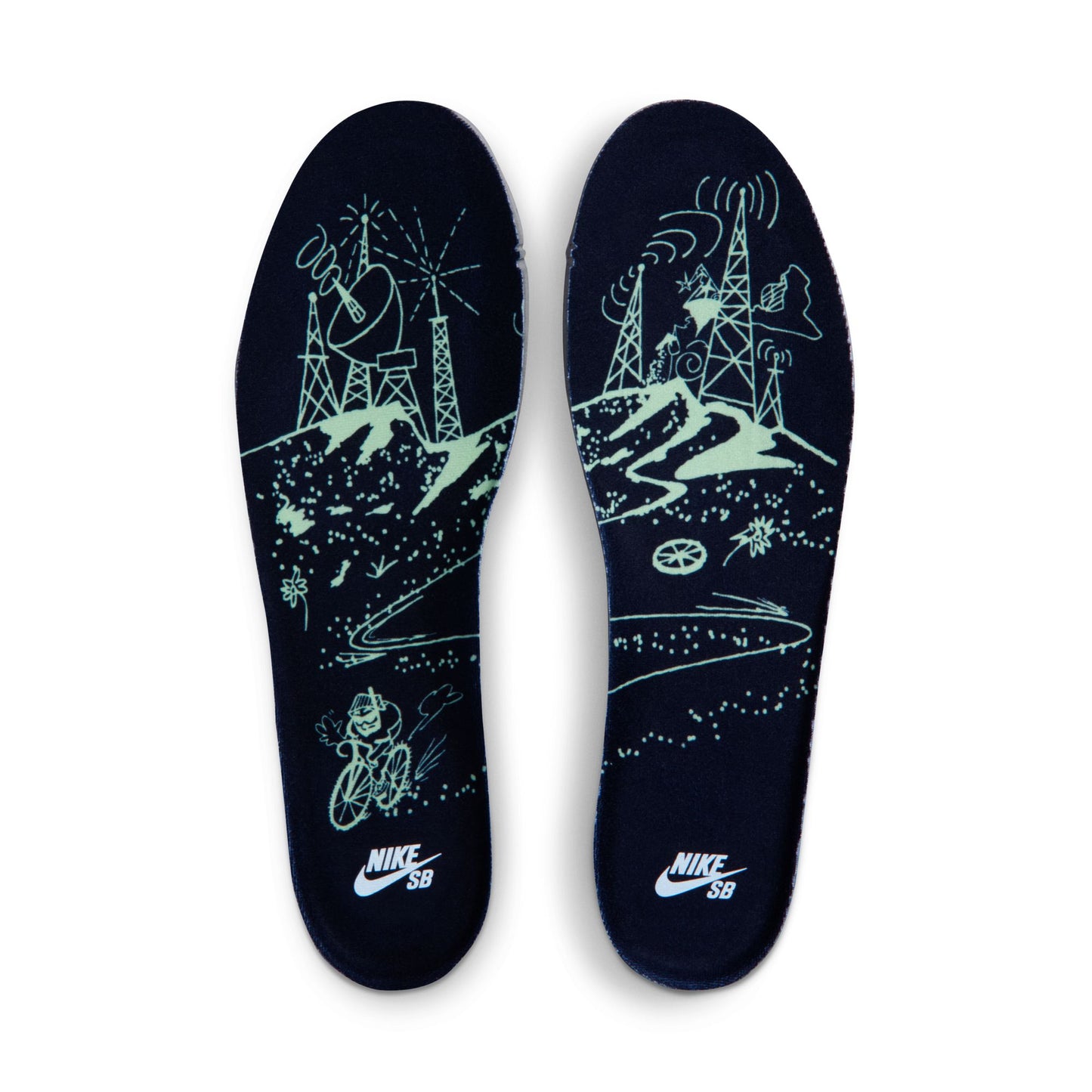 Glow-in-the-dark insoles with space-themed design and Nike SB logo on a white background