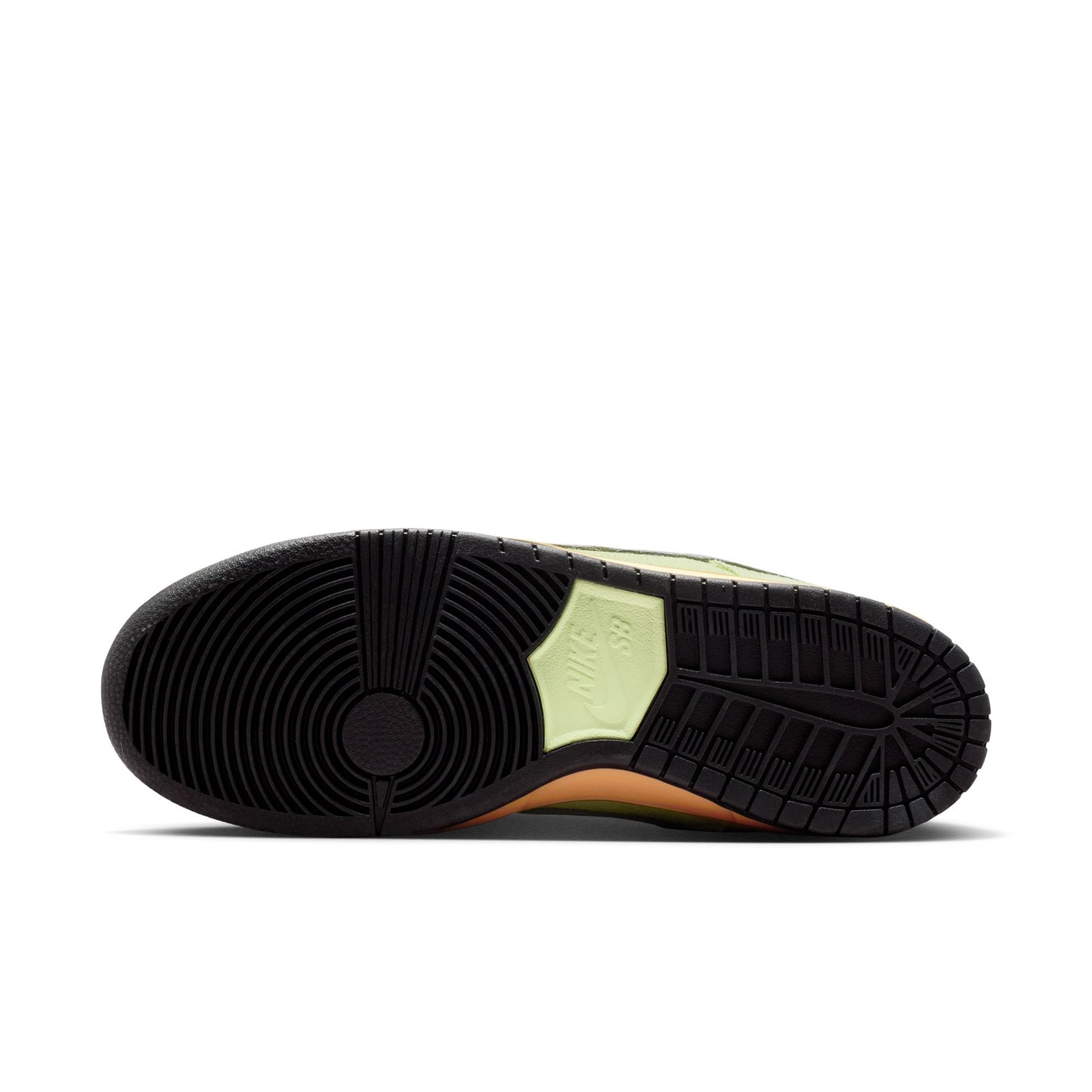 Sole of a sneaker with a brand logo on a white background
