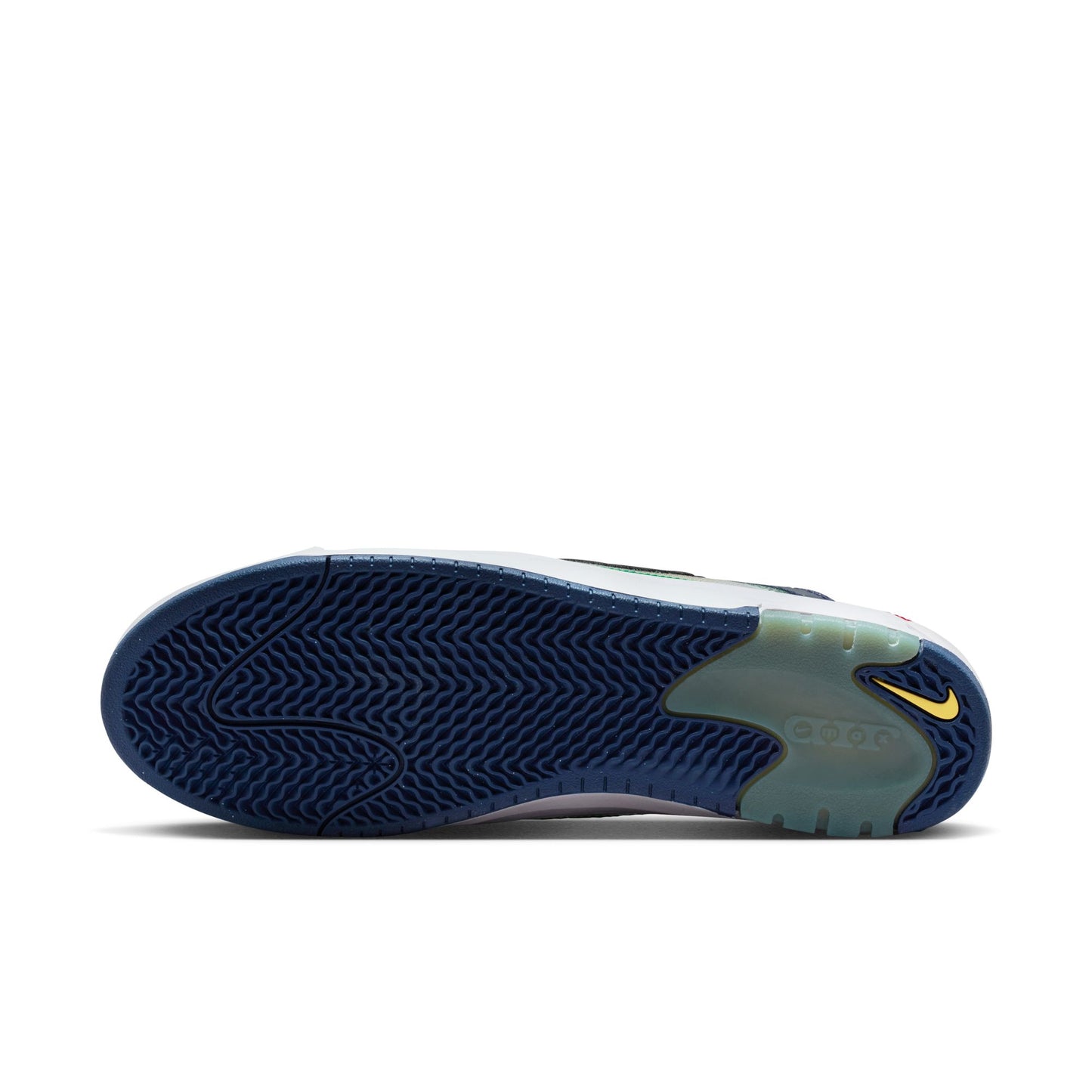 Sole of a blue and white sneaker with a yellow swoosh logo on a white background