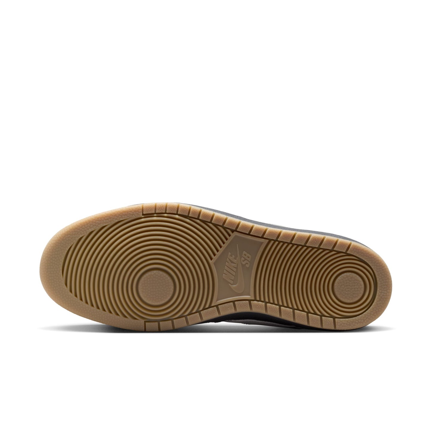 Brown sole of a shoe with visible brand logo on a white background