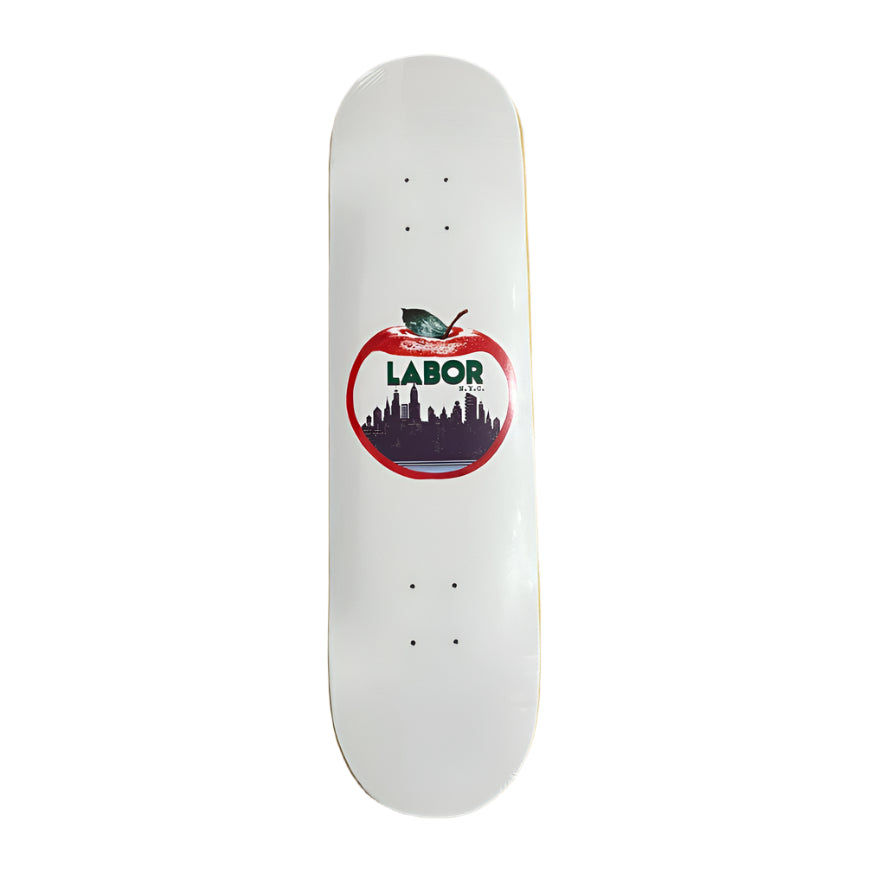 White skateboard deck with a centered graphic of an apple. including the NYC skyline and the word "Labor"