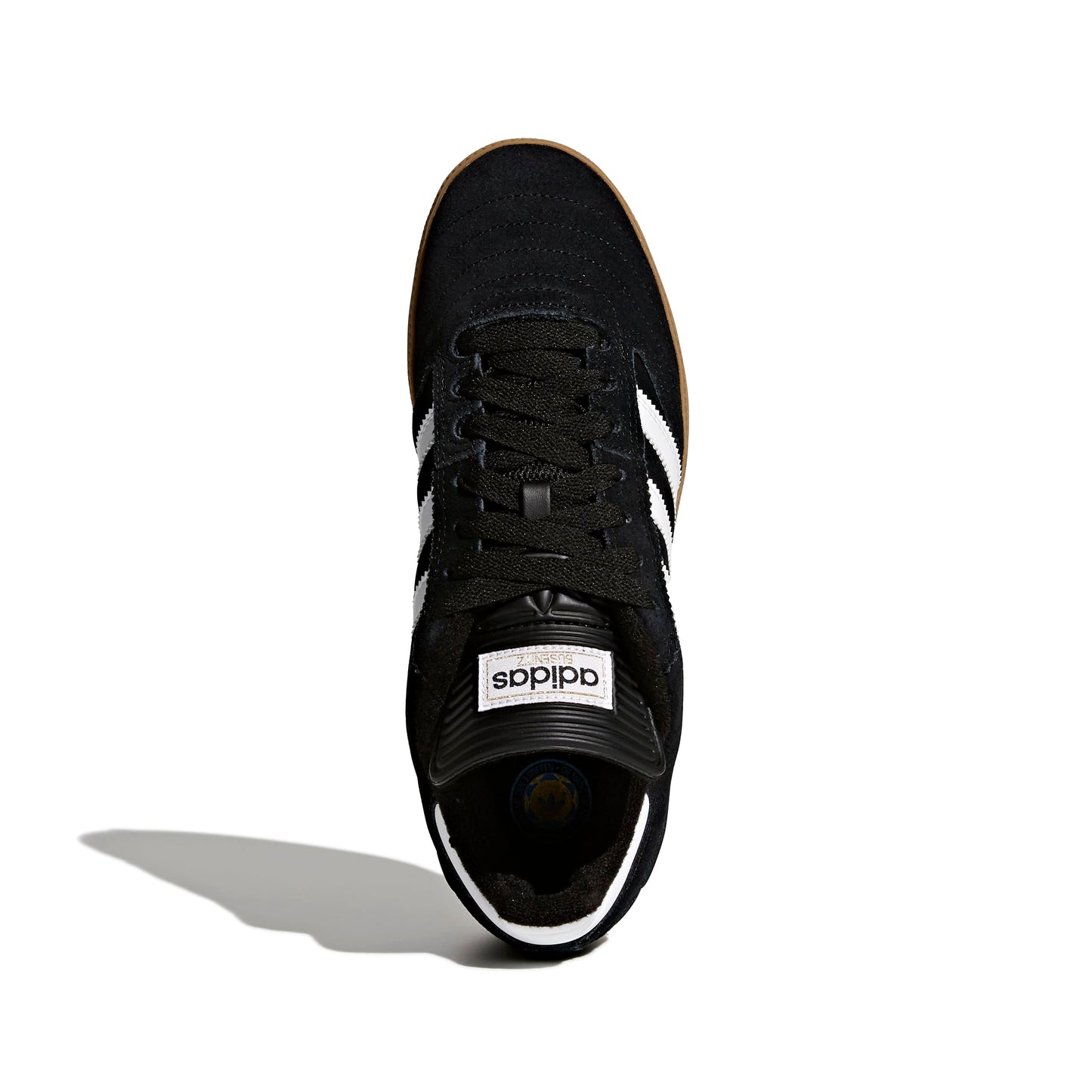 top down view of black suede soccer inspired skateboard sneaker with gum rubber outsole