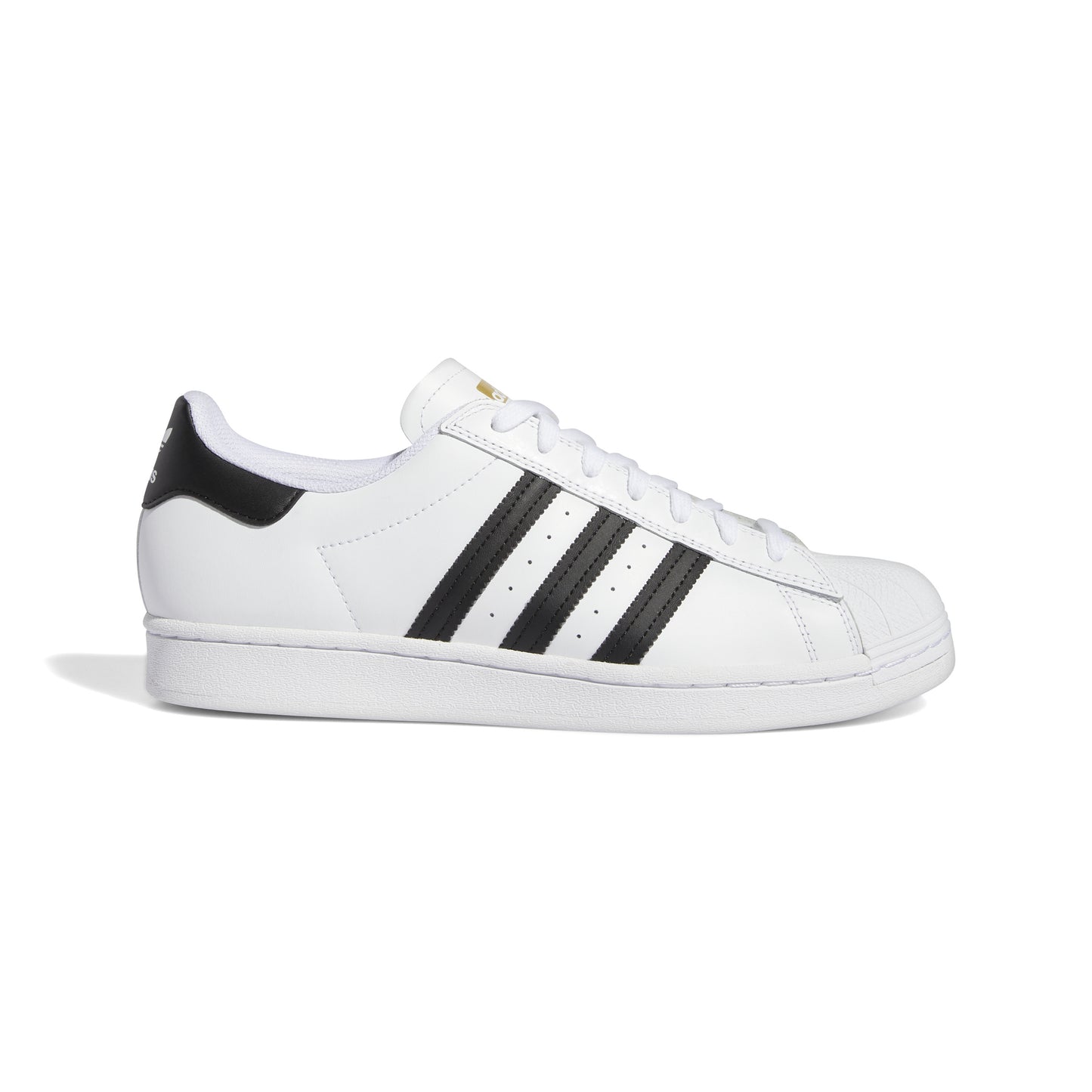 side view of white leather lowtop skatebaord sneaker with black stripes and black heel tab