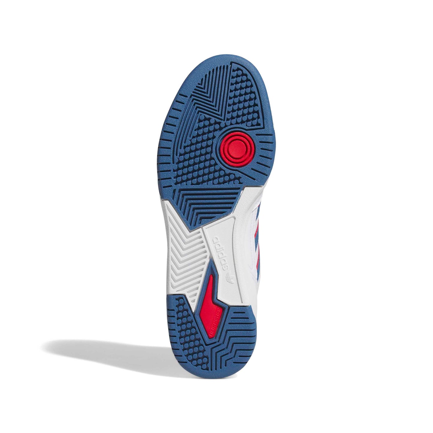 Sole of a sneaker with blue, white, and red design on a white background