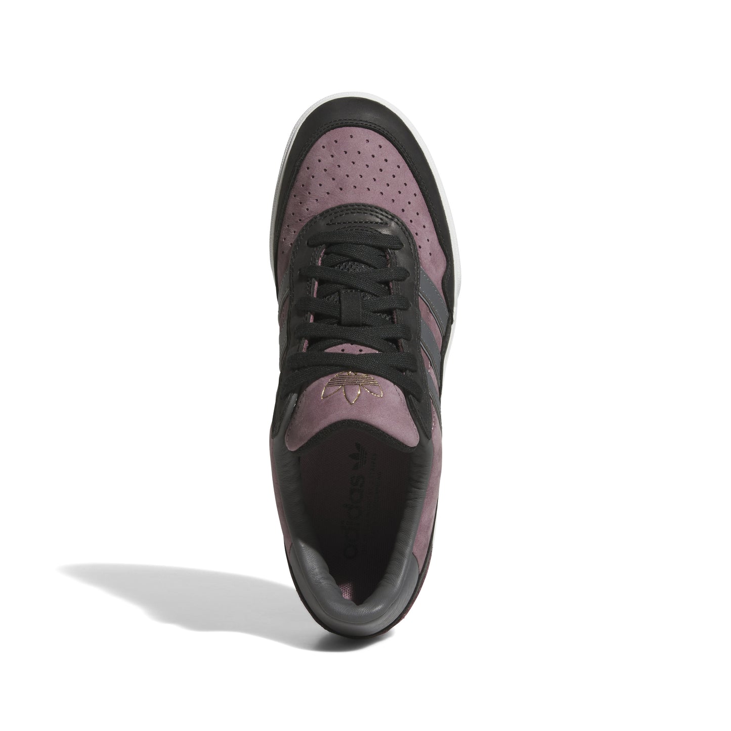 top down view of black, purple and white lowtop skateboard sneaker with three black stripes