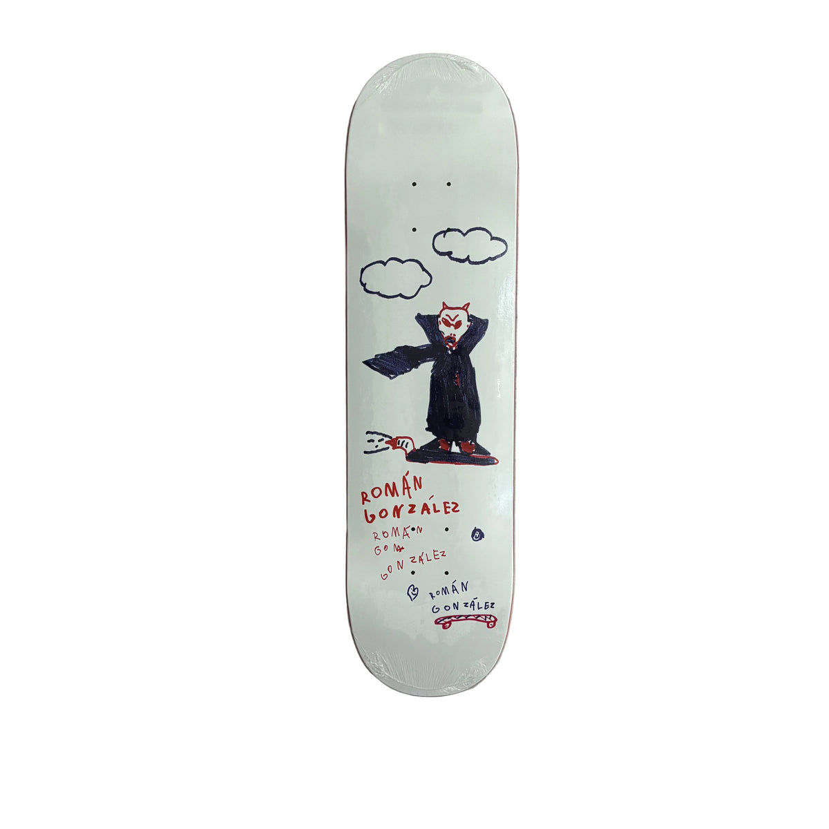 A white skateboard deck with a hand-drawn illustration of a vampire in a black robe and red shoes, accompanied by clouds and handwritten text, displayed on a white background.