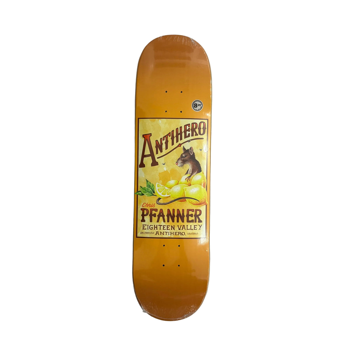 An orange skateboard deck featuring a vintage-style 'Antihero Classic Pfanner' label graphic, displayed flat on a white surface