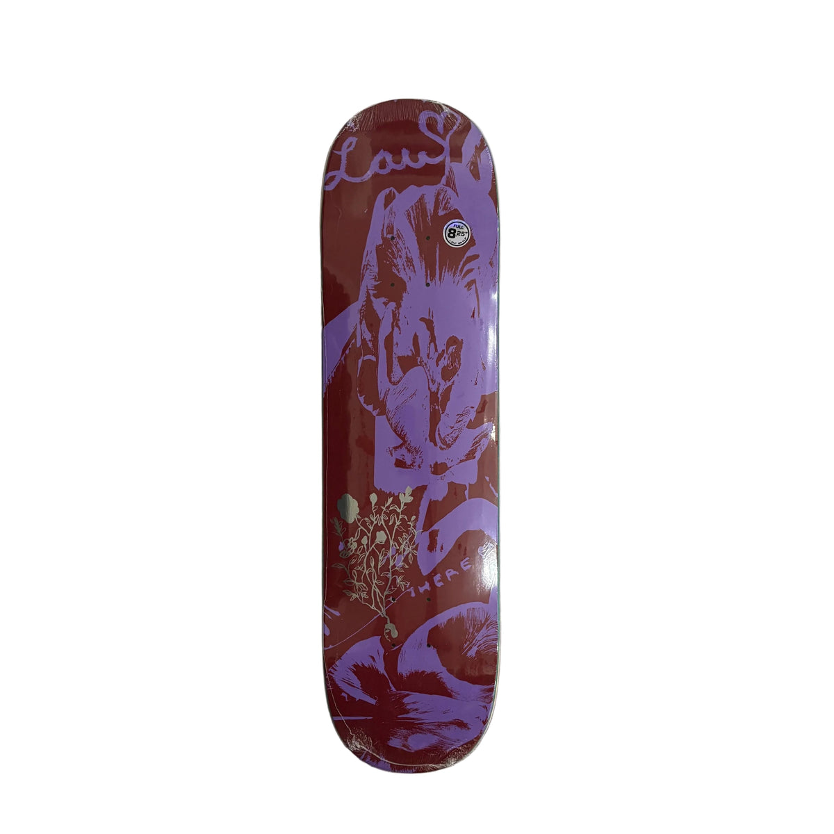 A skateboard deck with a dark red and purple graphic design, displayed vertically on a white background