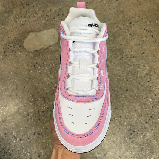 view of laces and pink and white stitching