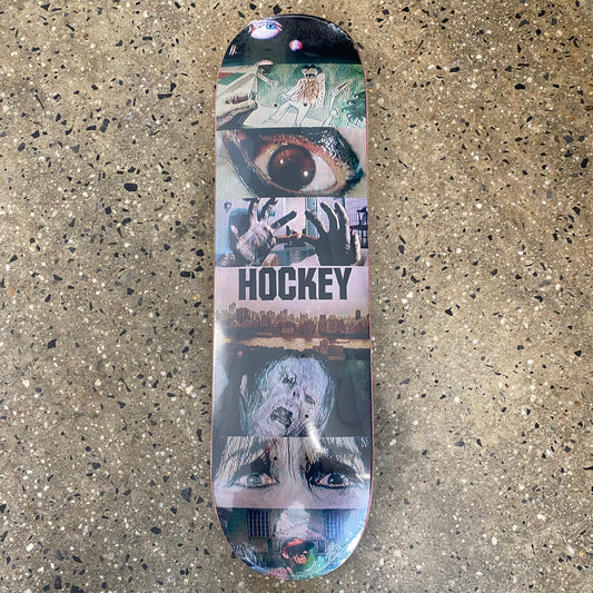 skateboard deck with a collage that features a variety of ominous images