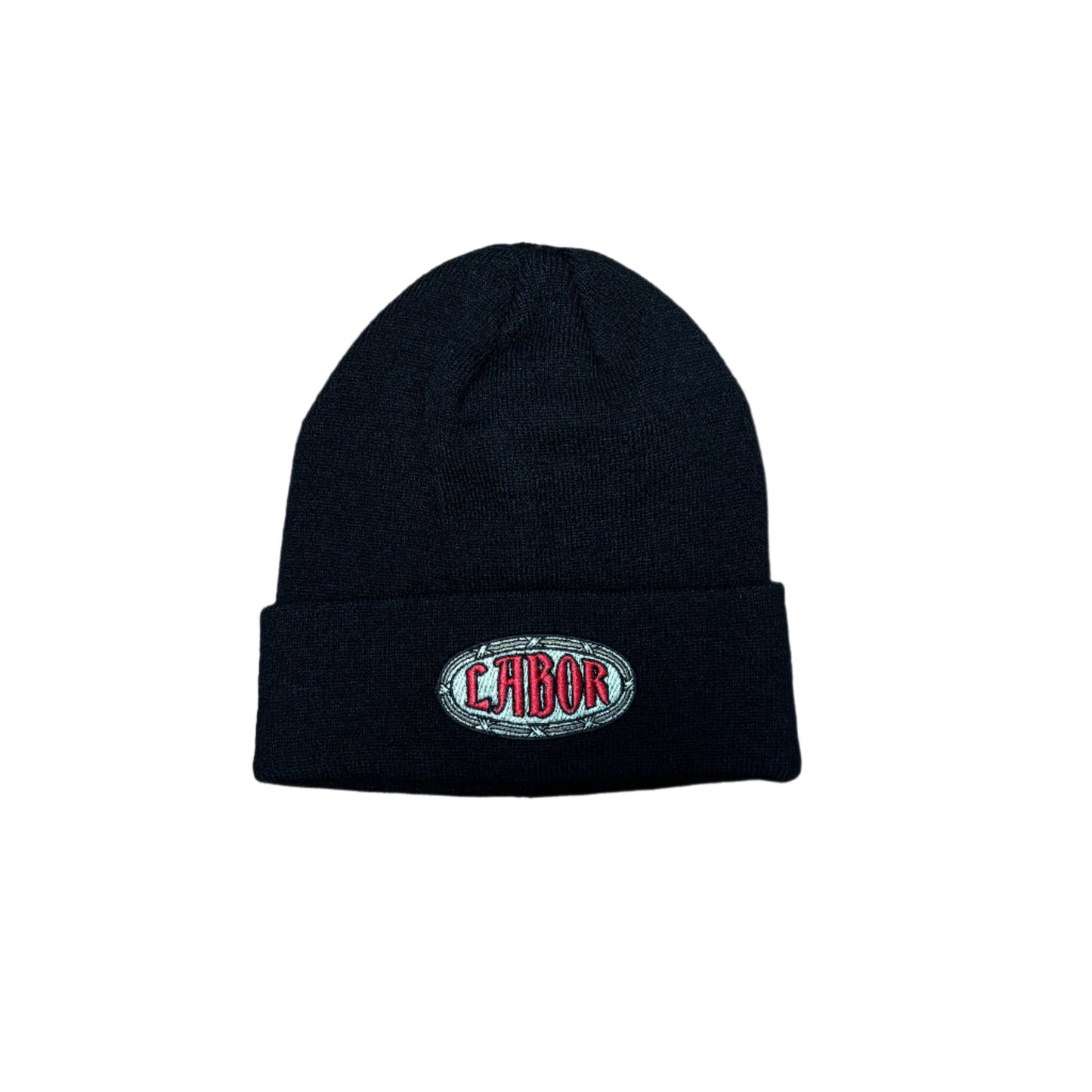 black acrylic beanie with embroidery