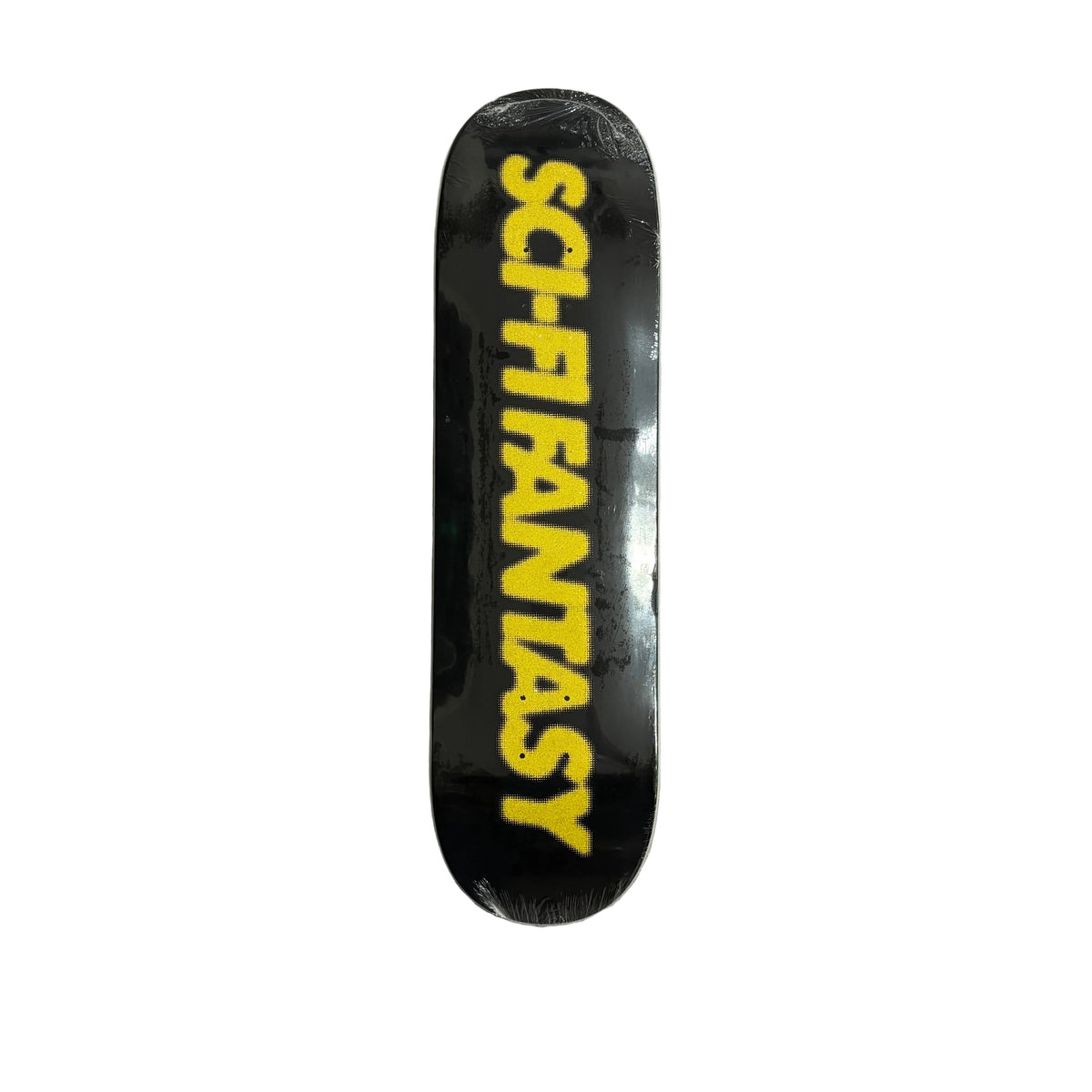 A black skateboard deck with bold yellow 'SCIFI-FANTASY' text, shown flat on a white surface.