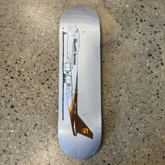 5boro NYC services written on hand drawn white and brown ariplane, horizontally printed on a silver skateboard deck