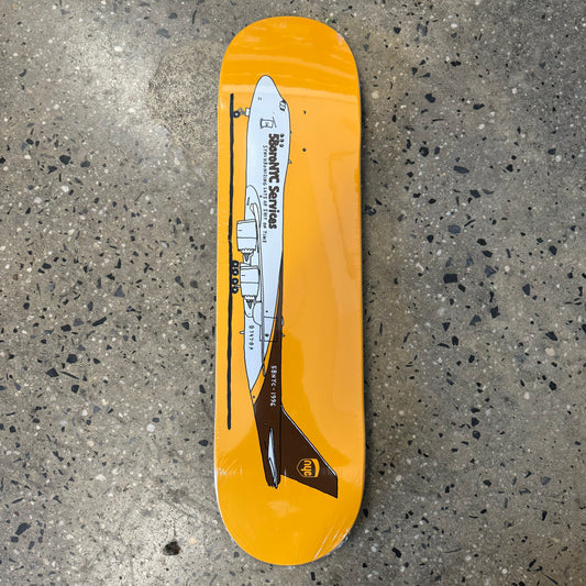 5boroNYC Services printed on white and brown airplane, on yellow skateboard deck, printed horizontally