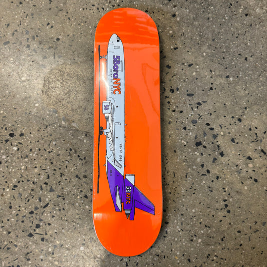 5boroNYC white and purple airplane printed on orange deck horizontally