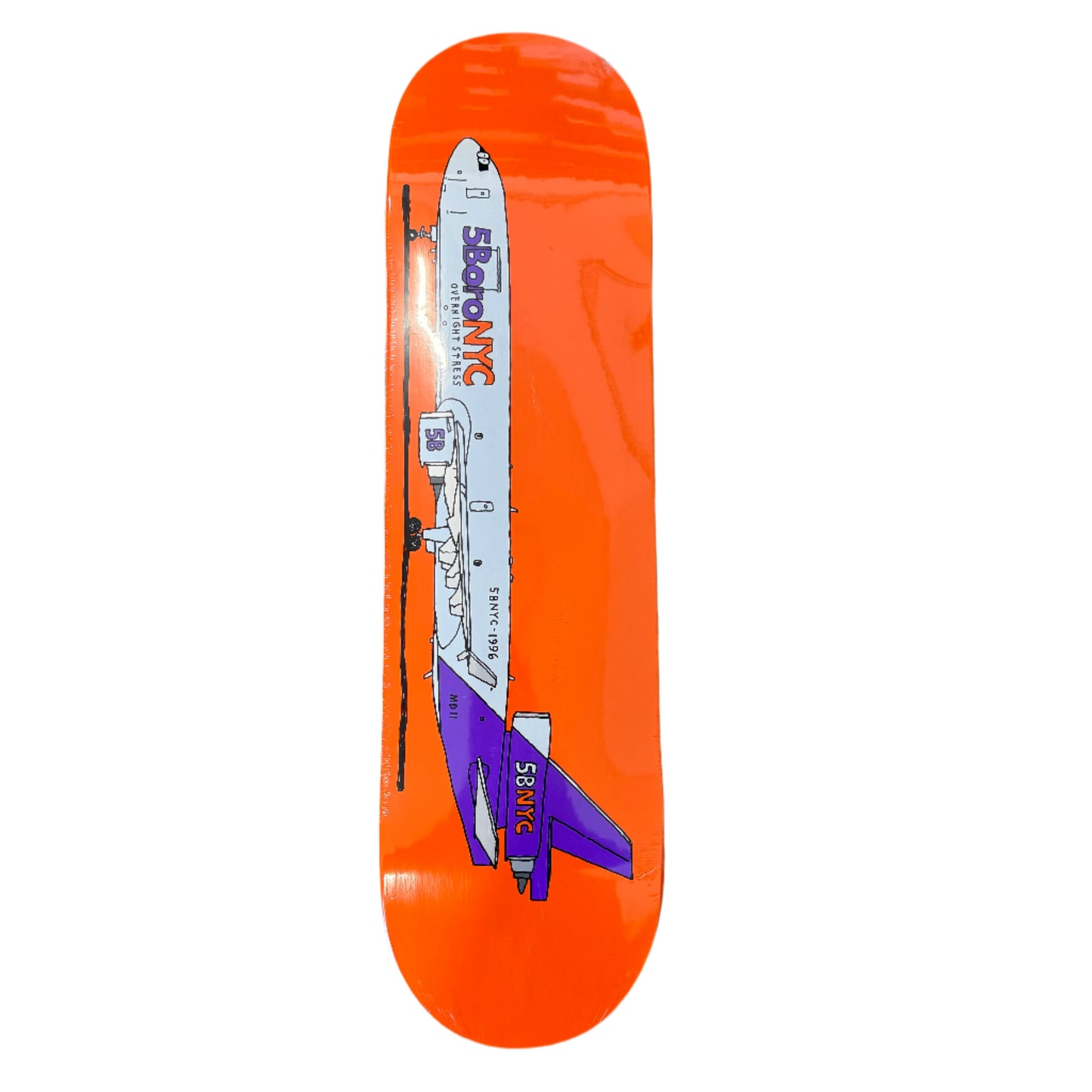 5boroNYC white and purple airplane printed on orange deck horizontally