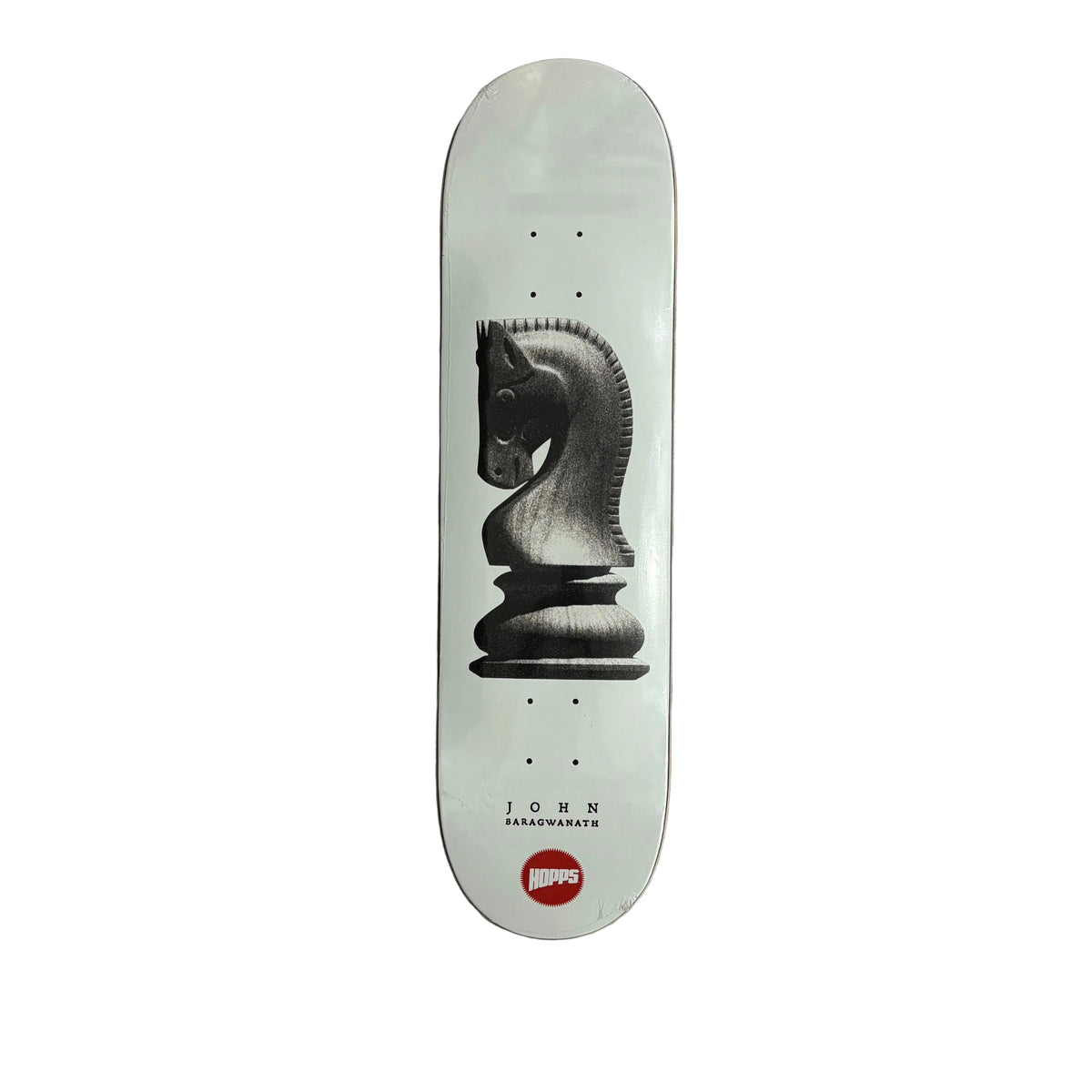 A white skateboard deck featuring a black and gray chess knight graphic, with the text and a red 'HOPP logo near the bottom, displayed on a white background.