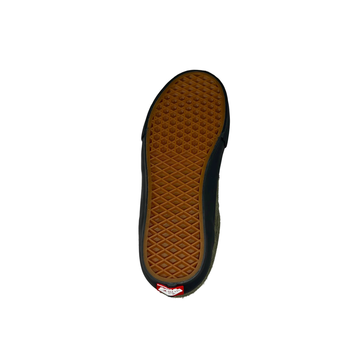 A top-down view of a shoe sole, showing a brown waffle patterned rubber outsole with a black edge and a small red and white Vans logo at the heel, set against a white background.