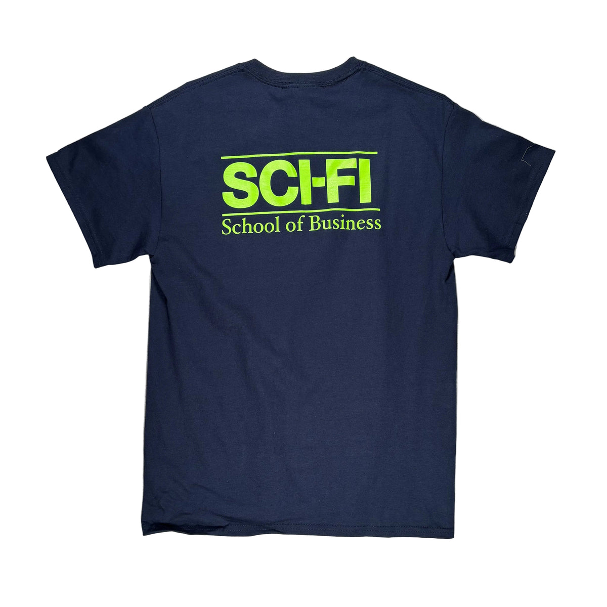 A navy blue short-sleeve t-shirt laid flat on a white surface, featuring a bright lime green graphic on the back that reads 'SCI-FI School of Business'.