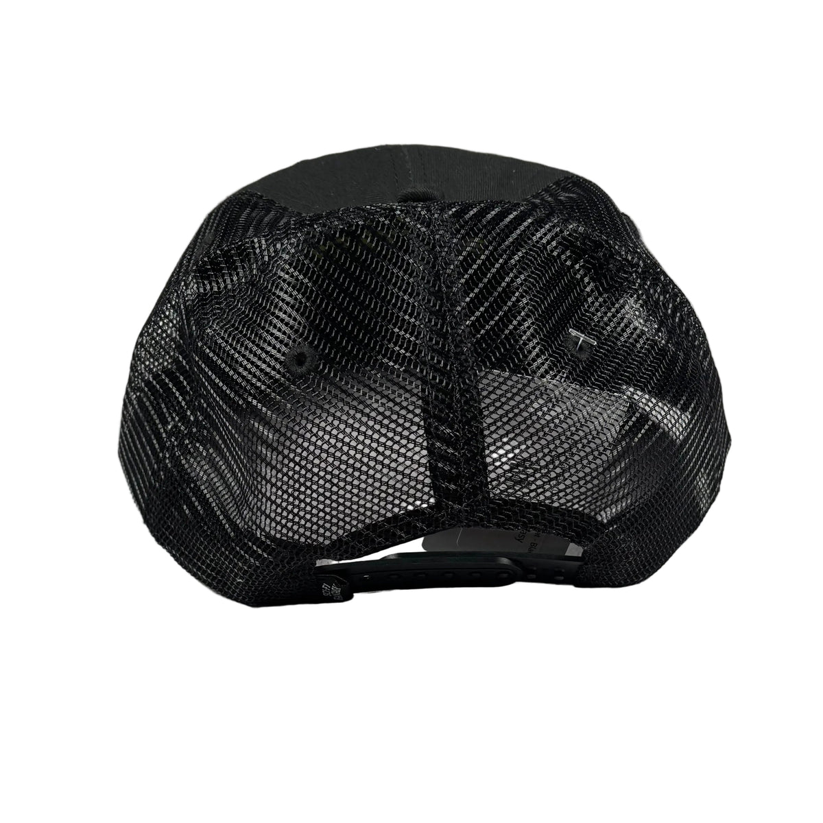 Black trucker-style cap with a black mesh back and solid black front panel, photographed from the back on a white surface.
