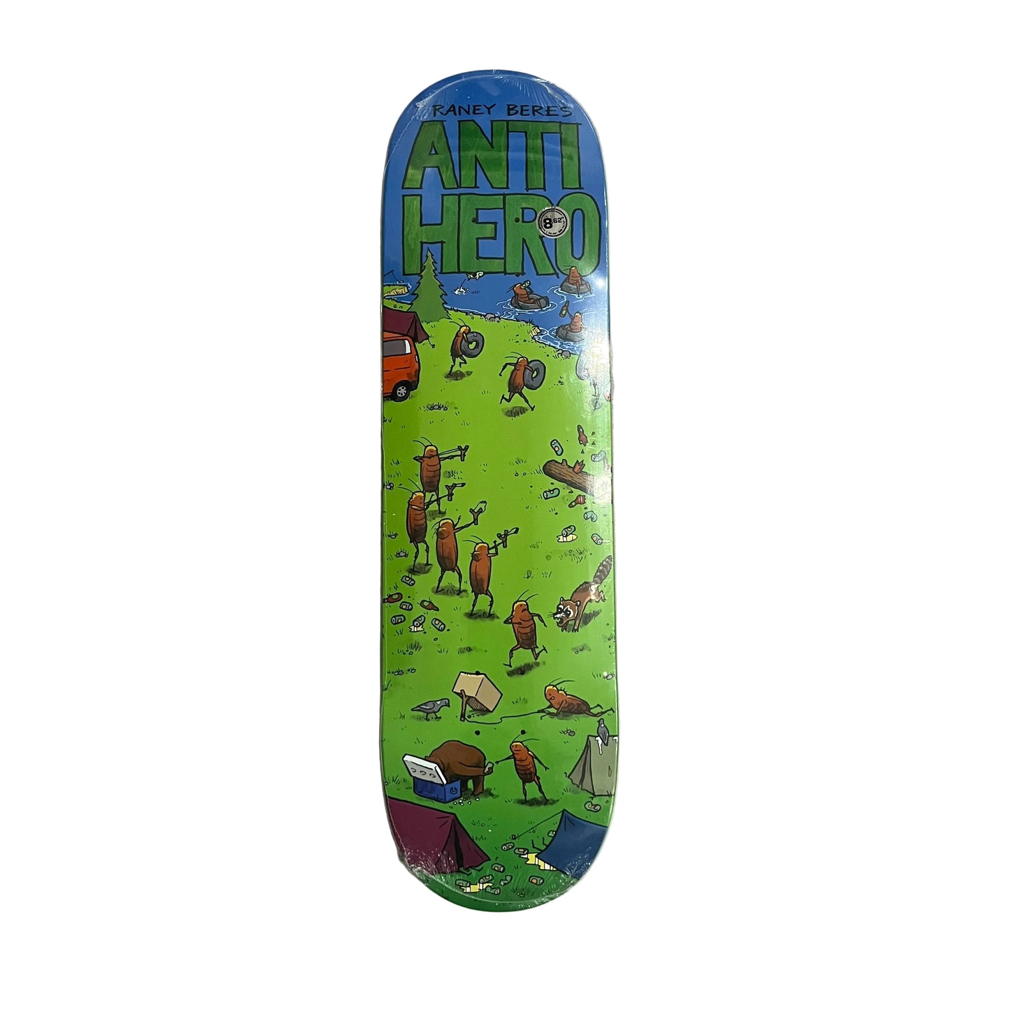 A skateboard deck featuring a colorful cartoon illustration on a green background with the text 'Anti Hero' and 'Raney Beres' at the top, shown against a plain white background.