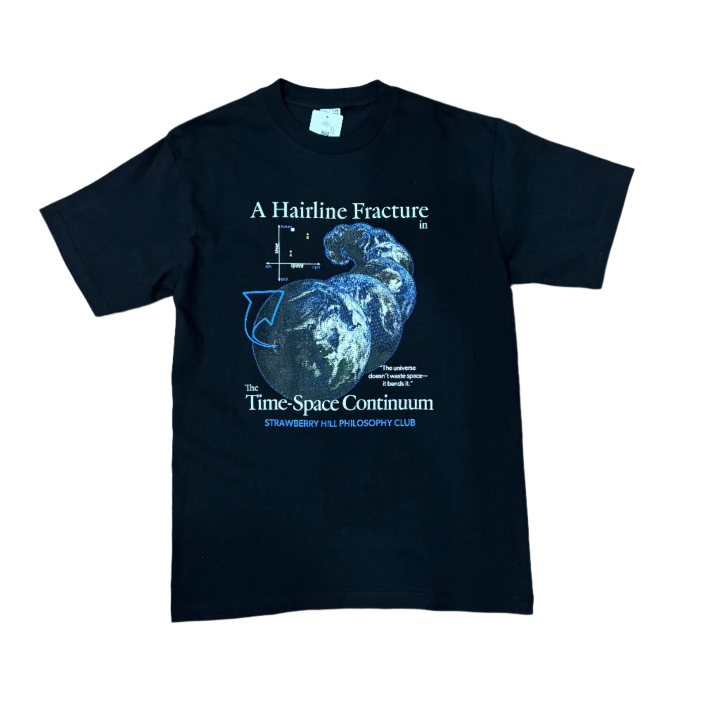 front view of graphic on black -shirt that says 'a hairline fracture in timespace continuum'