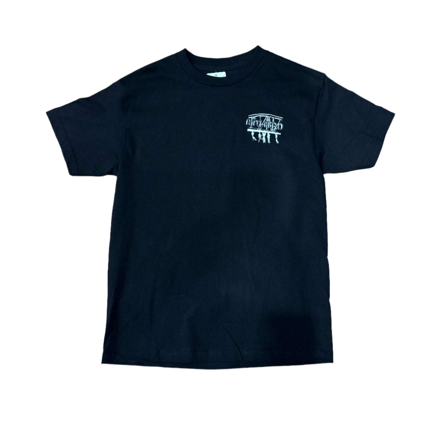 front of black t-shirt with a left chest logo saying anti hero