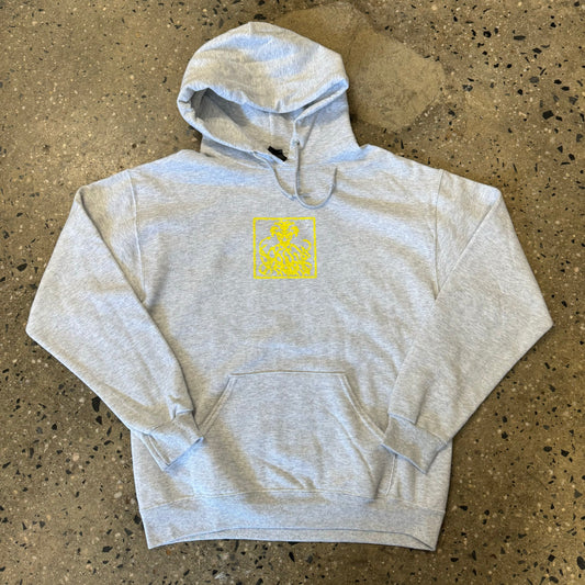 yellow snake and man graphic printed on center chest of athletic grey hoodie