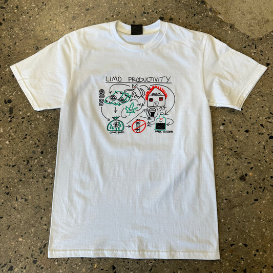 Hand drawn child like limo logo with LIMO PRODUCTIVITY and various scibblings printed in black, red, and green on center chest of white t-shirt