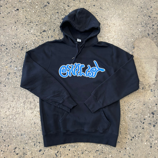 blue and white Civilist logo on black hoodie